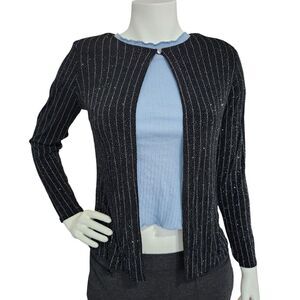Vintage 90s Onyx Nite Black Silver Sparkle Pinstripe Cardigan Evening Jacket